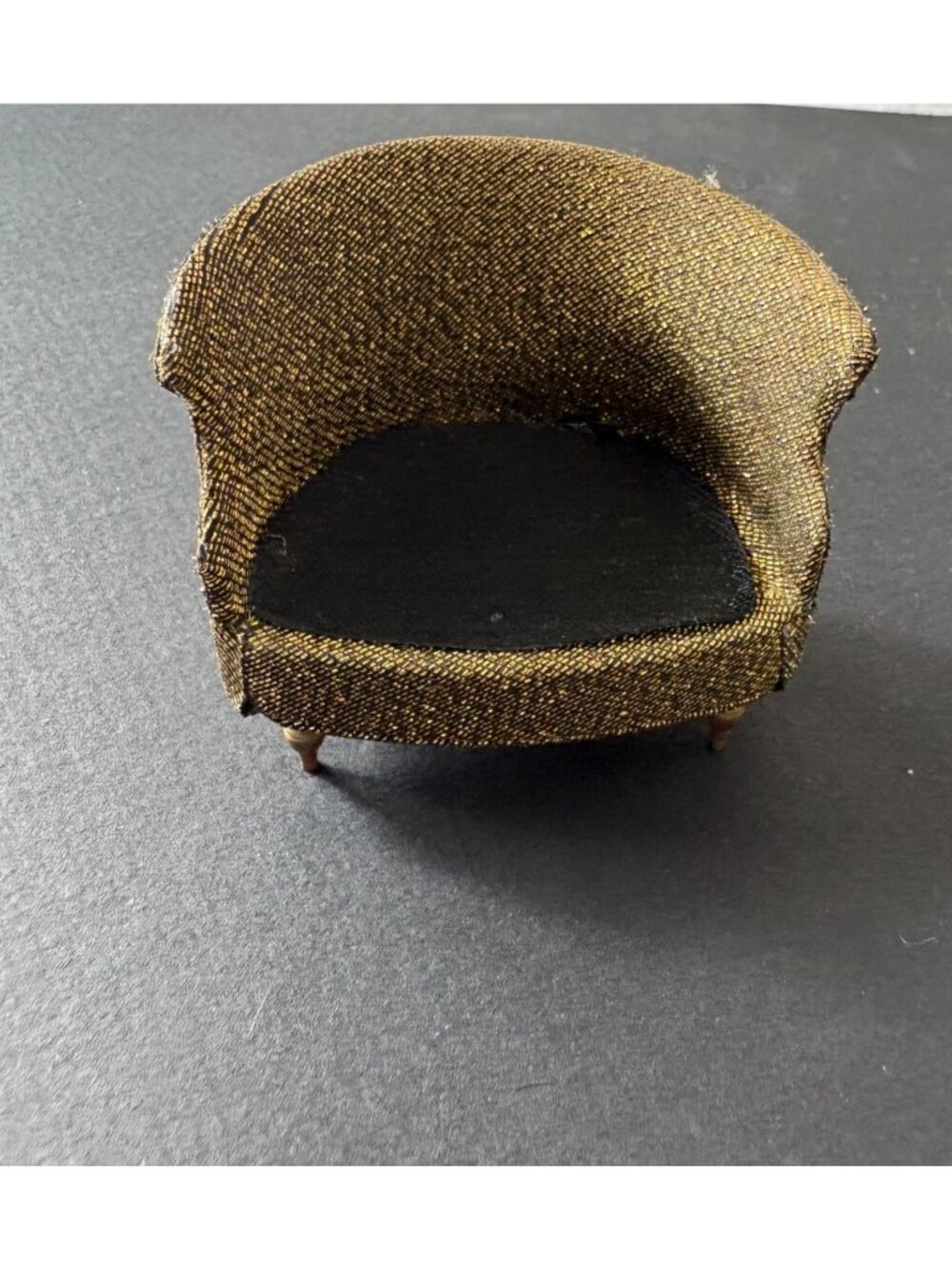 Miniature Gold Black Upholstered Barrel Chair Wooden Legs Dollhouse Flawed
